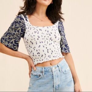 Free People White and Blue Short Sleeve Crop Top